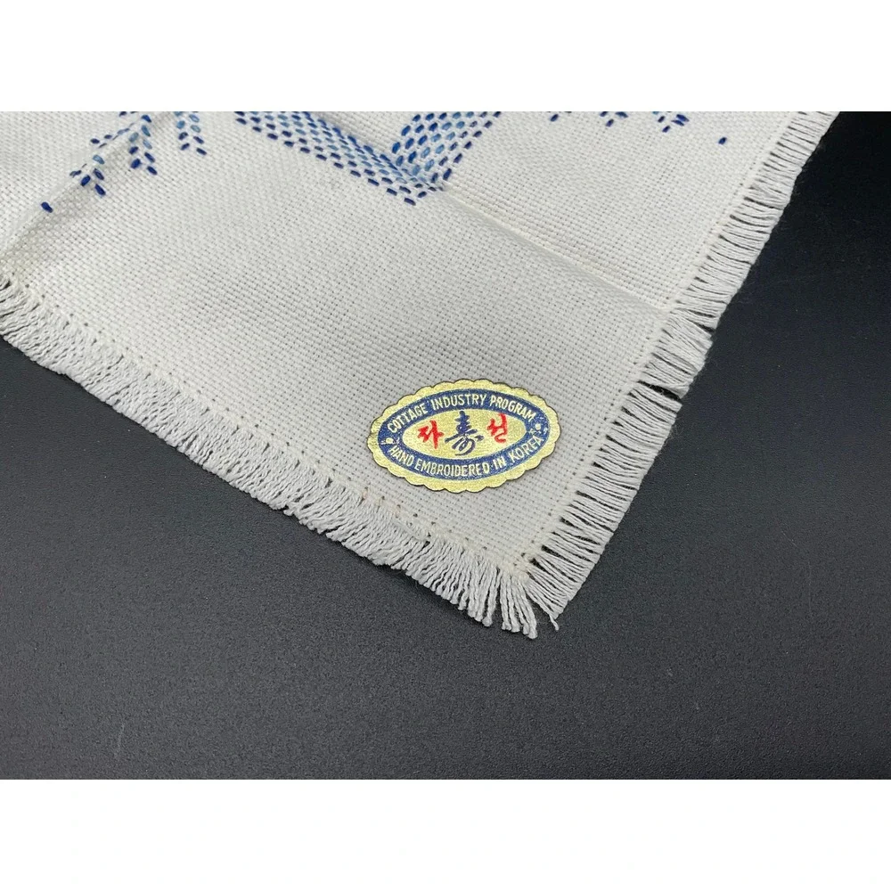 1950s Hand-Embroidered Korean Doily Pair with Blue Motif, Cottage Industry Label